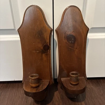Set 2 VTG Wall Sconces Taper Candle Holder Dark Wood Farmhouse Country Decor 15” - Image 1 of 4