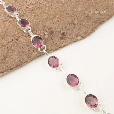 Pulsera de plata 925 ovalada piedra rodolita cadena de Halloween cumpleaños aniversario Foto 1 de 4