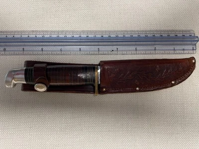 Fixed Blade Stacked Leather Handle Knife Camillus 1008 NY Vintage Hunting 8.5" - Image 1 of 4