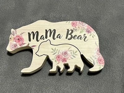 Mamá Oso y Bebé Cachorro Madera Familia Naturaleza Decoración Blanco/Rosa Rosas (O-549) Foto 1 de 2