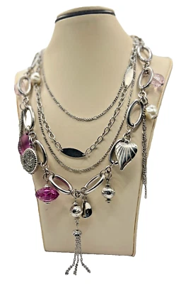 Silver-Plated Multi-Chain Imitation Pearl & Purple CZ Necklace on 18" Chain - Image 1 of 4