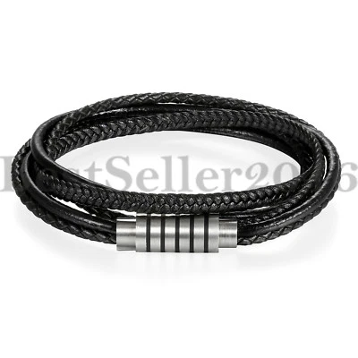 Mens Black Braided Leather Multi-strand Bracelet Stainless Steel Magnetic Cuff - Image 1 of 4