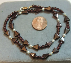 Dark Red Rhodolite Garnet Triangle Bead Pearl Gold Filled16" Necklace Cg 23 - Picture 1 of 2