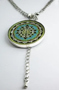 Sri Yantra unique handmade pendant with Turquoise gemstone back 925 silver gift - Picture 1 of 5