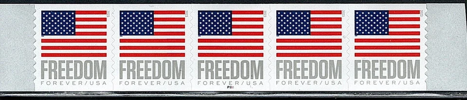 Mint US Strip of 5 Flag Freedom Coil Stamp with Plate# P111, Scott# 5788 (MNH) - Image 1 of 1
