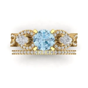 2.0ct Round Cut Pear 3 stone Blue Promise Bridal Ring set 14k Yellow solid Gold - Picture 1 of 5