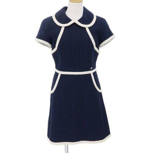 Abito CHANEL manica corta donna taglia 36 blu navy nylon lana originale