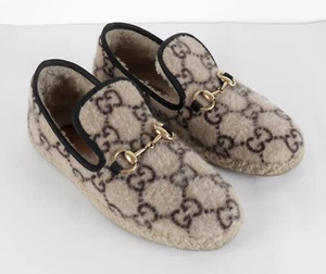 Women's Gucci Horsebit GG Monogram Wool Beige Black Mules Loafers Size 38 - Picture 1 of 19