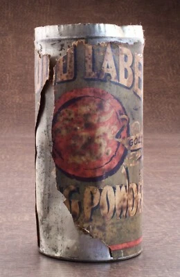 Antigua lata de polvo para hornear con etiqueta dorada resistente Mfg. Co. Denver Colorado  Foto 1 de 4