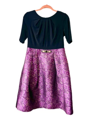 Платье Adrianna Papell размер 10 черное фиолетовое парча драгоценные камни детали плиссированное покрой с широкой юбкой - Изображение 1 из 4