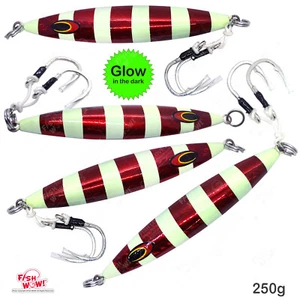 4pcs Fish WOW 250g Slow Jig 9oz pitch vertical sinking jigging BKK Hook Red Glow - Picture 1 of 12