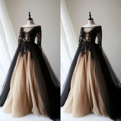 Black Champagne Gothic Wedding Dresses Long Sleeve A Line Scoop Neck Bridal Gown - Image 1 of 4