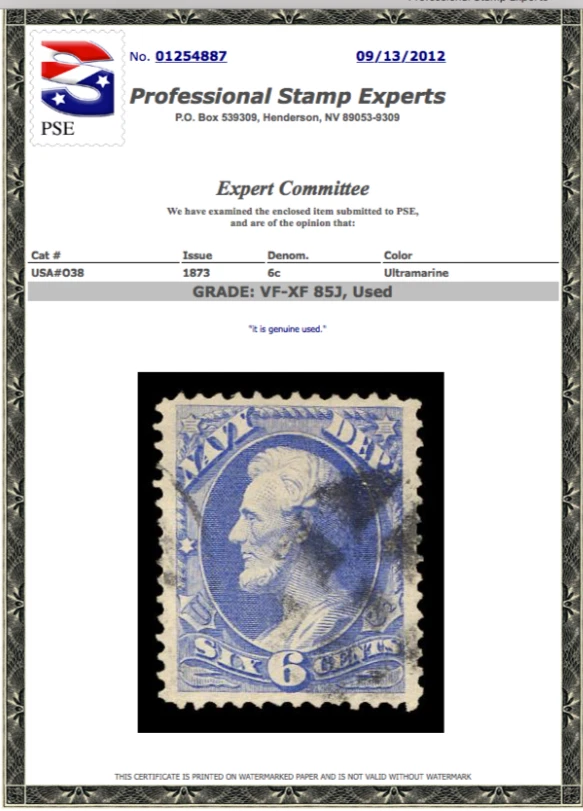 O-38  Used  Navy Department Official Stamp, PSE Graded 85J, Cert # 01254887 - Image 1 of 1
