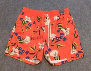 VANS Swim Trunks Mens Medium Orange Floral Bathing Suit Swim Shorts Drawstring 