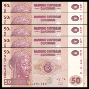 Congo Democratic Republic 50 Francs, 2007-2013, Pick#97, Lot of 5 pcs, UNC - Picture 1 of 2