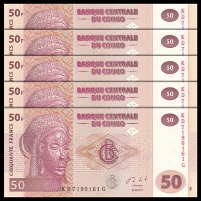 Congo Democratic Republic 50 Francs, 2007-2013, Pick#97, Lot of 5 pcs, UNC - Image 1 of 2