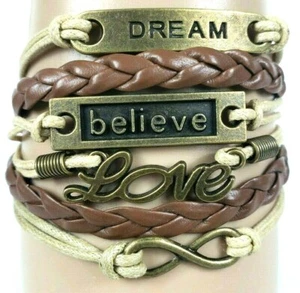 Motivational Believe Dream Love Brown Infinity Layer Wrap Bracelet - Foto 1 di 5