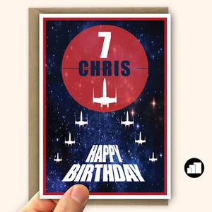 Personalised 7th happy birthday card for boy, space star fighters - Picture 1 of 10