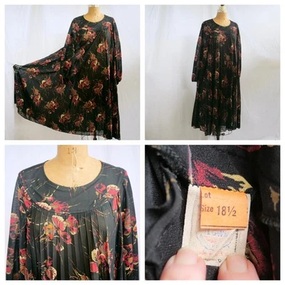 Vestido Plisado Floral Negro Completo Acordeón Años 60 De Colección Secretaria ILGWU 18 1/2 USADO EN EXCELENTE ESTADO Foto 1 de 4