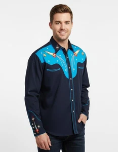 Space Cowboy XXL Western Hemd zweifarbig bestickt, Flintenmanschette, Statement - Bild 1 von 21