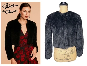 ALICE + OLIVIA dunkelgrauer kragenloser Kunstfell Cardigan Jacke Mantel Bolero Crop S - Bild 1 von 12