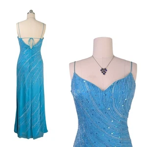 Vintage Ballkleid Maxikleid 10 blau Seide Y2K Fee Glam Perlen Prinzessin Schlitz Perlen - Bild 1 von 15