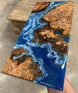 Blue Epoxy Resin River Table, Custom table top, Live Edge Wood Resin Dining Desk - Picture 1 of 7