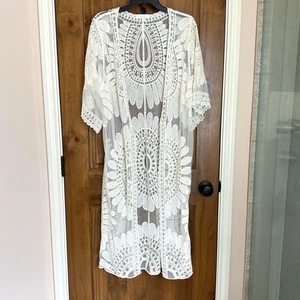 Rebellion Spitzenüberwurf XL Staubtuch bestickt Schwimmen Boho creme transparent vorne offen - Bild 1 von 6