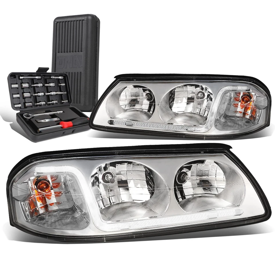 For 2000-2005 Chevy Impala LED DRL Tube Chrome Clear Signal Headlights+Tool Box - Image 1 of 4