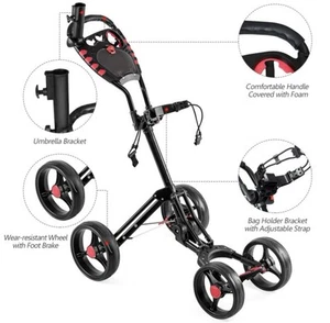 Folding 4 Wheel Golf Pull Push Cart Trolley Club Umbrella Scorecard Drink Holder - Picture 1 of 7