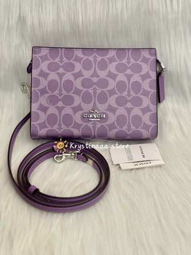 Borsa a tracolla Coach slim nuova con etichetta in tela firmata viola iris argento CBl12