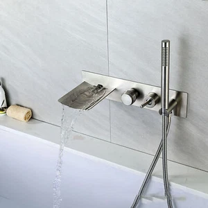 Brushed Nickel Waterfall Brass Spout Basin Sink Wall Mount Tub Mixer Faucet Taps - Picture 1 of 5