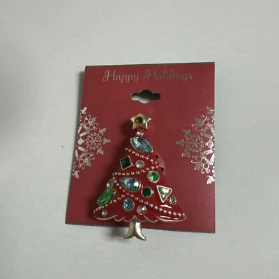 NWT CHRISTMAS TREE RED HOLIDAY PIN BROOCH KOHLS WITH COLORFUL STONES - Image 1 of 4