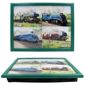 Green Cushioned Laptray Padded Serving Tray Classic Vintage Trains Painting