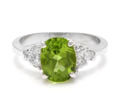 2.74 Ct Peridot & Natural Diamonds Prong Ring 14k Solid White Gold - Image 1 of 4