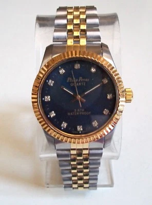 MEN GOLD AND SILVER FINISH BLUE DIAL FASHION DRESSY CASUAL WATCH - Image 1 of 4