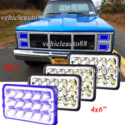 Fit GMC Sierra Classic C1500 C2500 C3500 Pickup 4pc 4x6" LED Headlights Blue DRL - Image 1 of 4