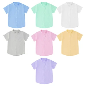 Kids Boys Tee Solid Color Tops Travel Shirt Wedding Stand Collar Short Sleeve - Picture 1 of 50