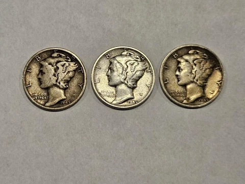 THREE MERCURY DIME LOT - 1945 P/D/S - FINE + Cover