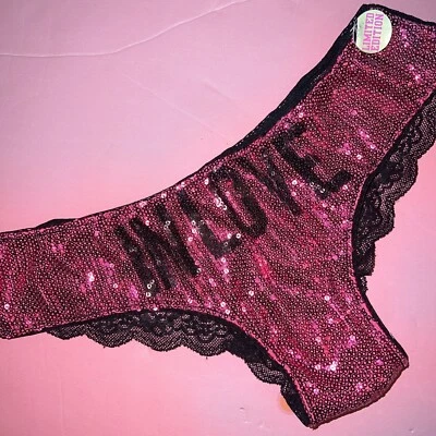 NWT Victoria's Secret PINK S Panty Black LACE Sequined IN LOVE limited Edition - Image 1 of 3