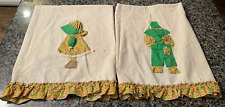 2 Antique Hand Made Sun Bonnet Girl & Farming Boy Primitive Tea Towels Decor