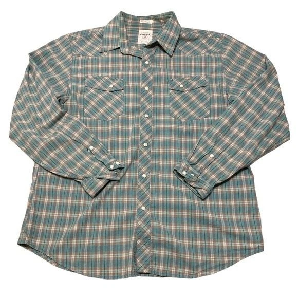 Fossil Casual Button Down Shirt Men’s Large Plaid Simple Snap Button Checkered - Image 1 of 4