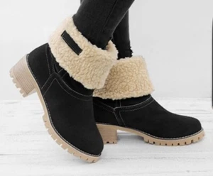 Winter Bear Womens Black Sherpa-Cuff Block-Heel Ankle Boot Size 5 M - Picture 1 of 6