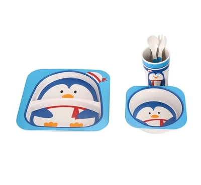 Kindergeschirrset 5-tlg. aus Bambus in Pinguinmotiv - robust & bunt - Bild 1 von 4