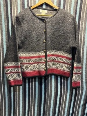 Vintage TALLY HO 100% Wool Cardigan Gray Red Womens L - Image 1 of 4