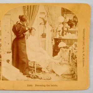 Stereoview B W Kilburn James M Davis 11889 Dressing The Bride Women Gown (O) - Picture 1 of 4