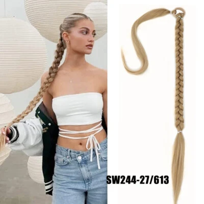 Extensiones de cola de caballo trenzadas sintéticas de 32" pelo largo negro cola de caballo  Foto 1 de 4