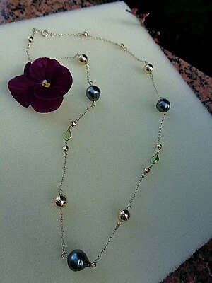 Goldkette mit Tahitiperlen u. Peridot, tolle Komposition in Gold Filled  - Bild 1 von 4