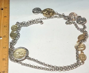 Chico's Coin Convertible Necklace Silver Tone Hammered Brass Circle Coin 34” - Picture 1 of 14