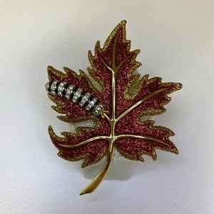 Joan Rivers Red Glittering Maple Leaf With Rhinestone Caterpillar Brooch Vintage - Picture 1 of 7